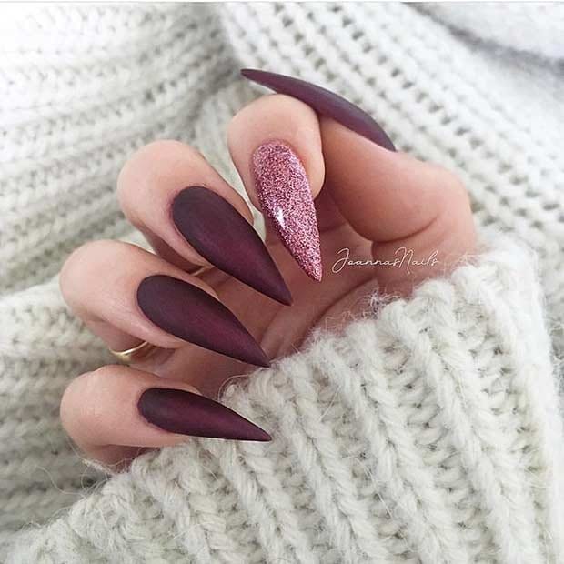 Burgundy with Pink glitter Nails