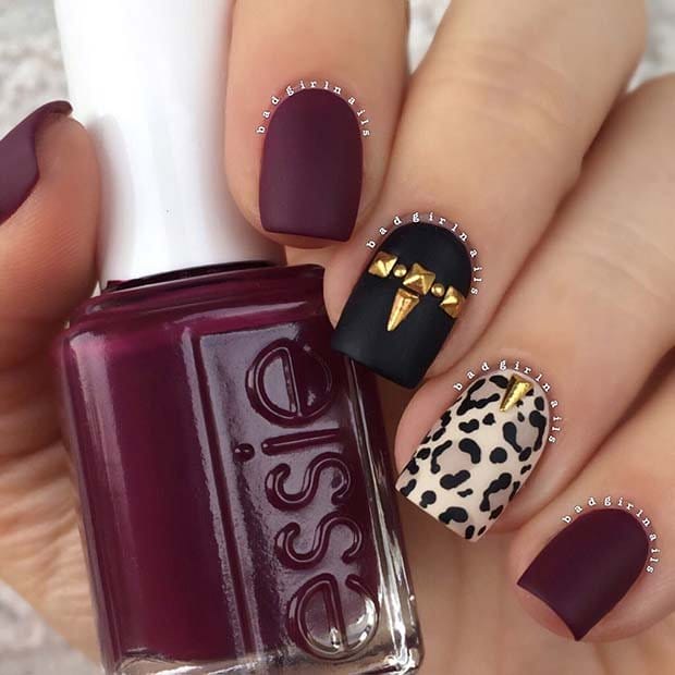 Burgundy-with-Leopard-Nail-design