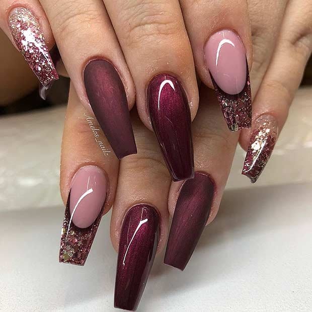 Burgundy and Glitter Nails