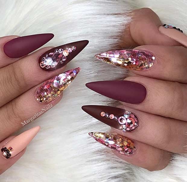 Pointy Burgundy Nails with Rhinestones