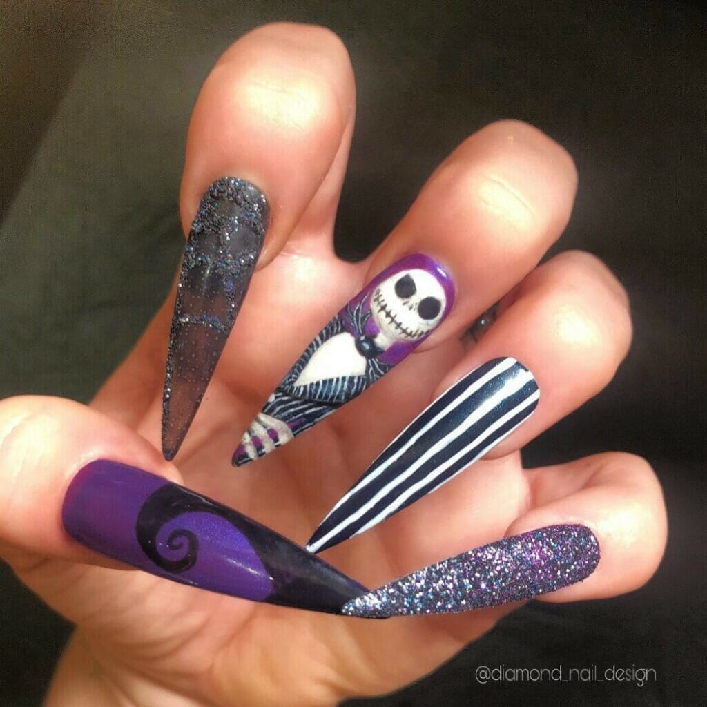 Purple-Halloween-Long-Nails-With-a Jack-Skellington-theme