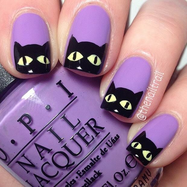 Purple-Halloween-Nails-With-Spooky-Cats