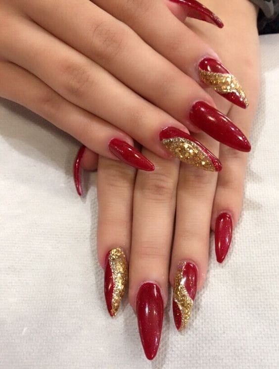 Red and Gold Glitter Nails: