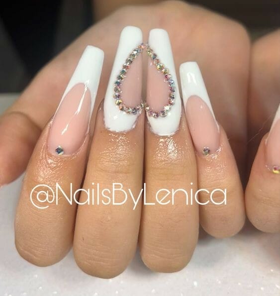 White-Nails-With-Diamonds-Of-Heart-Shapes