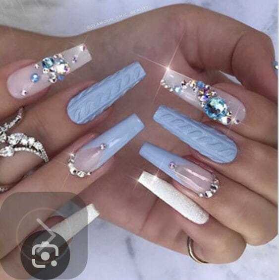White-And-Faded-Blue-diamond-Nails