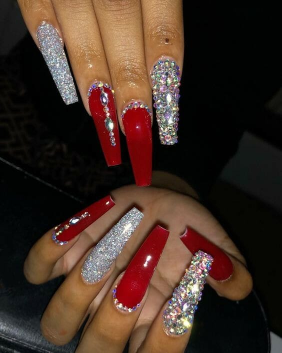 Diamond-Coffin-Baddie-Red-Acrylic-Nails