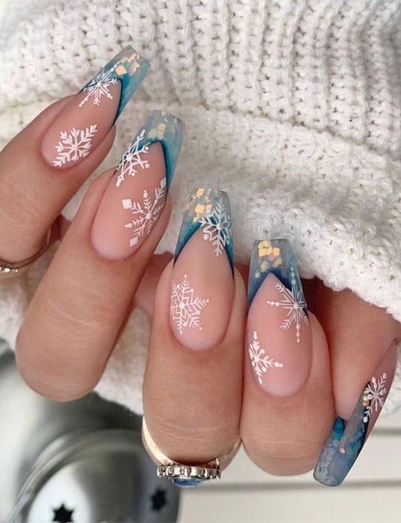 Nude winter Nails With Clear Blue Tips