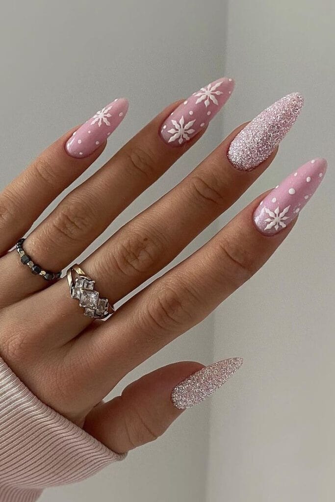 pink glitter snowflakes nails