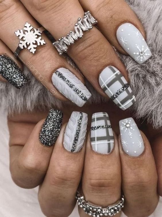 Shades of Grey with Glitter winter nails