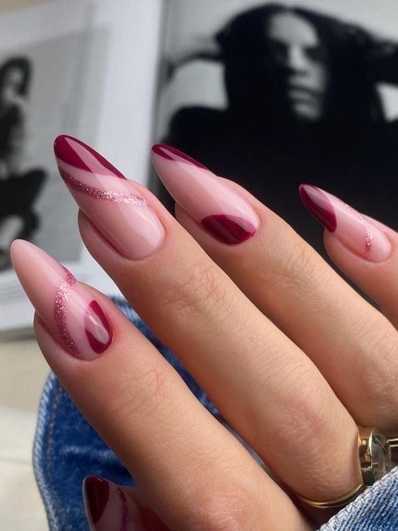 Half Ombre Rose Gold Burgundy Nails