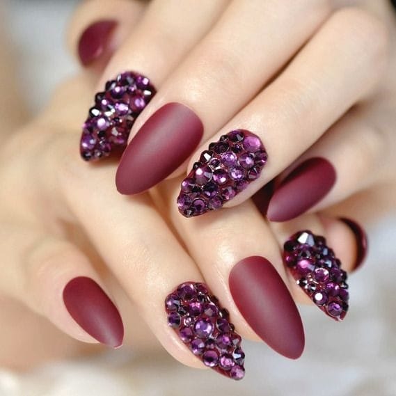 Bold Chunky Gemstones burgundy nails