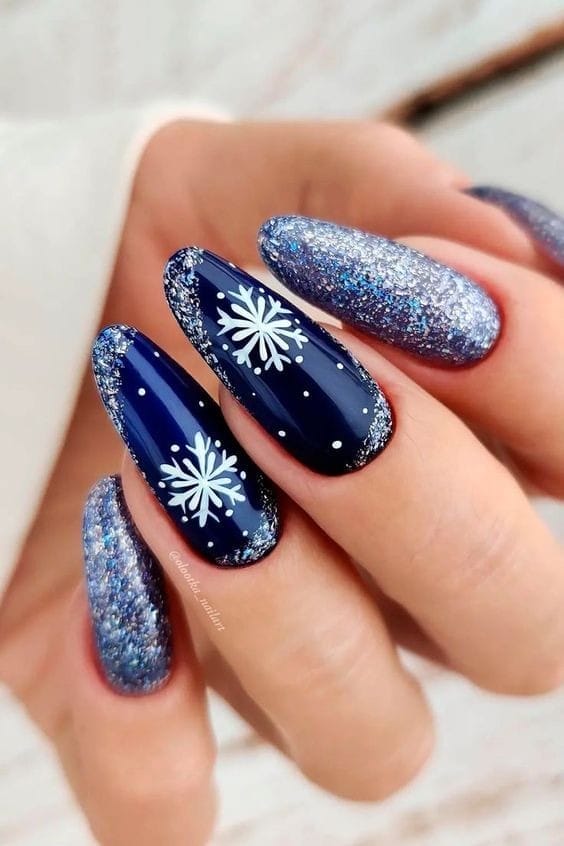 Navy Blue winter nails with Glitter