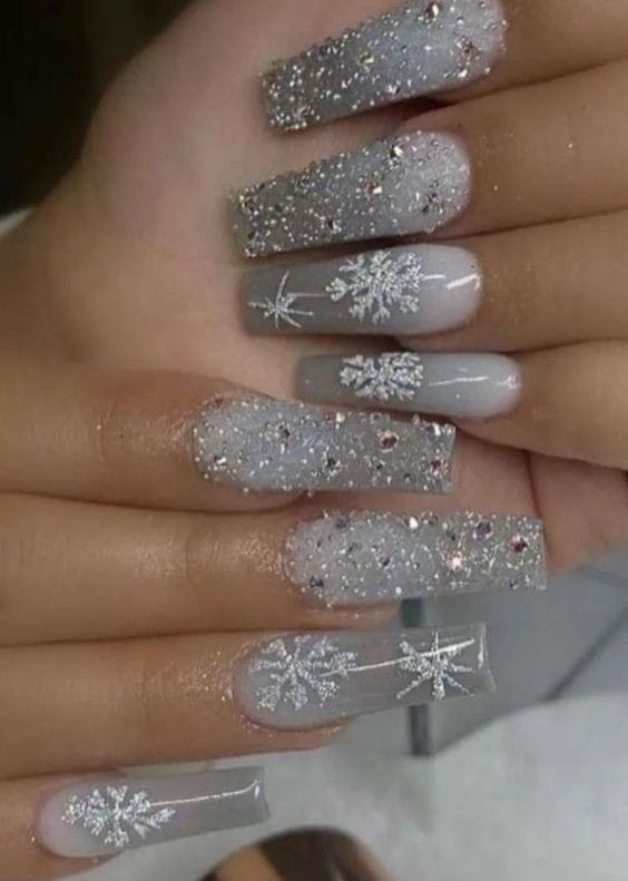 winter Silver Shine nails with Gems