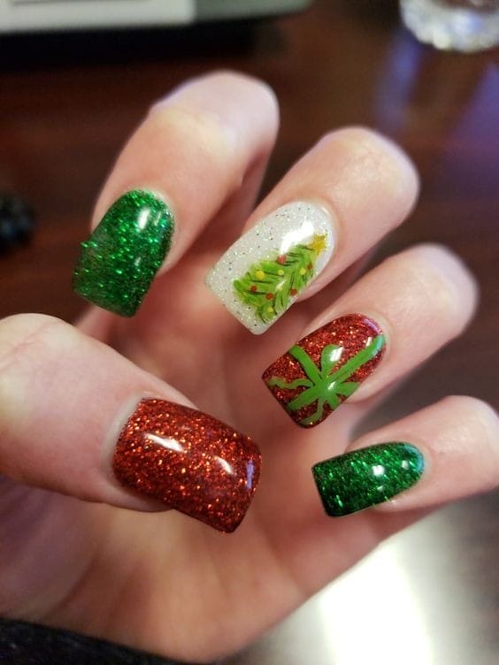 Shimmer Red and Green Simple Christmas Nail Design
