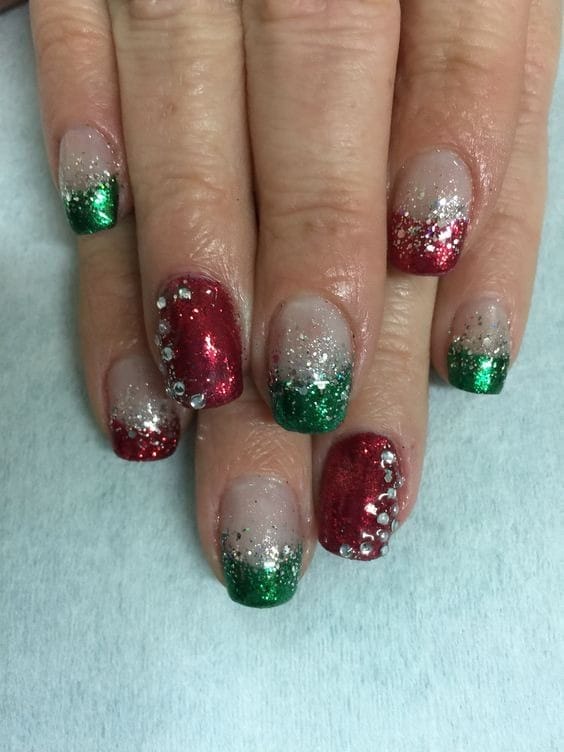 Red & green French Tip With Silver Flakes Christmas Nails
