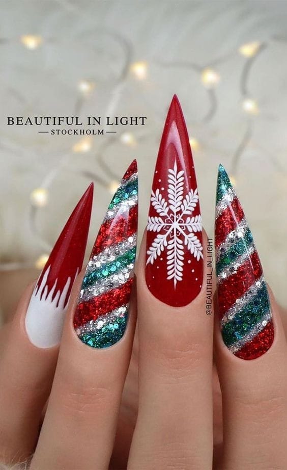 Ice, Snowflakes, and Candy Cane Christmas Nails