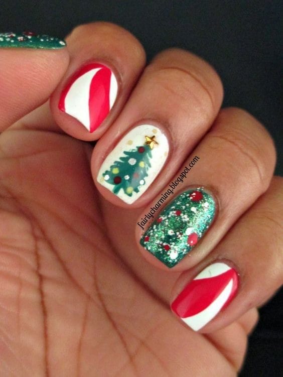 Red And Green Christmas Tree Nails