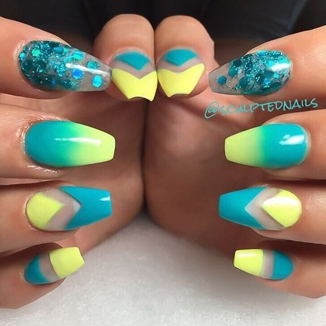 Sculpted Yellow and Blue Ombre Nails with Glitter