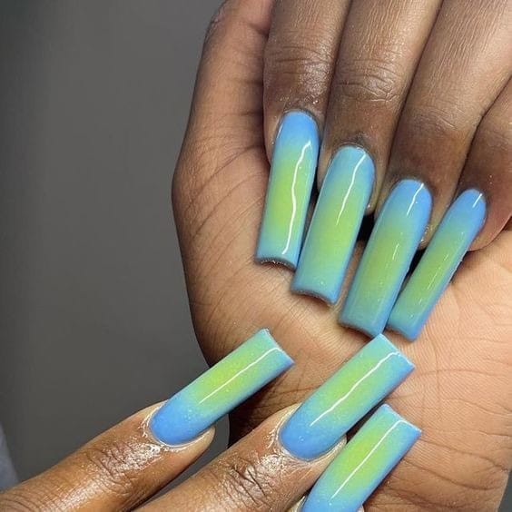 Reversed Aura Ombre in Blue and Yellow nails