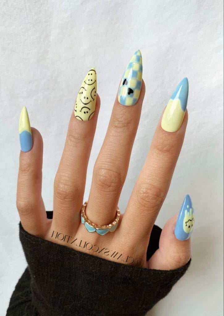 Stylish Geometric Blue and Yellow nails