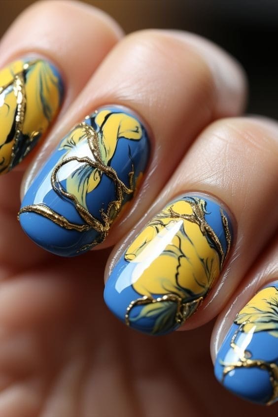 Abstract Accents Blue and Yellow nails