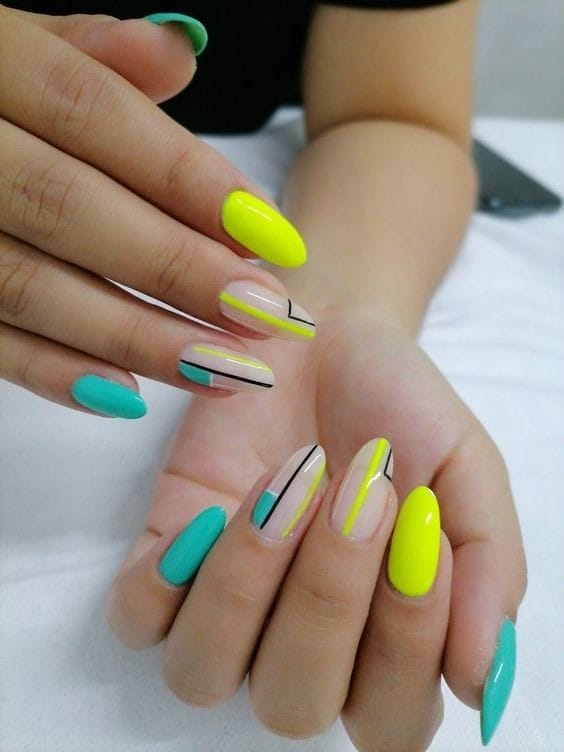 Lovely Line Art Blue and Yellow nails