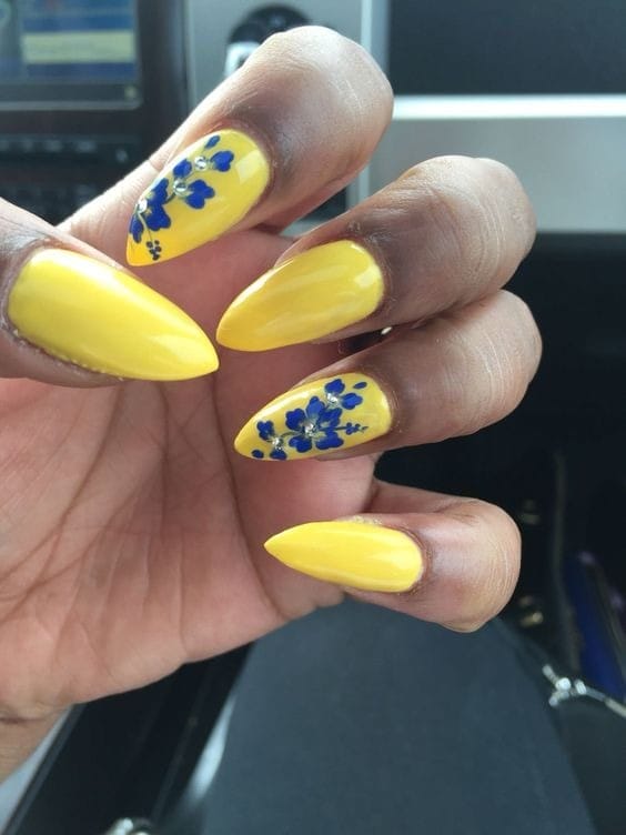 Lemon Yellow and Bright Blue Floral nails