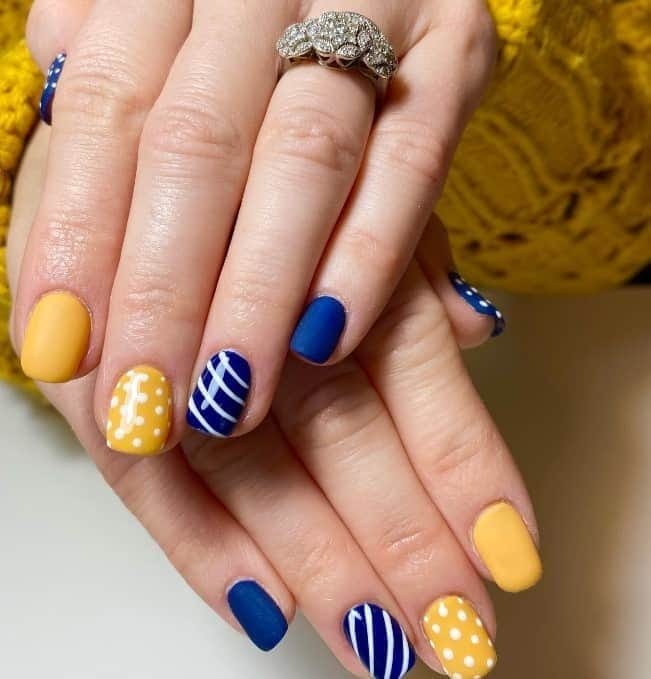 Stripes and Spots Blue and Yellow nails