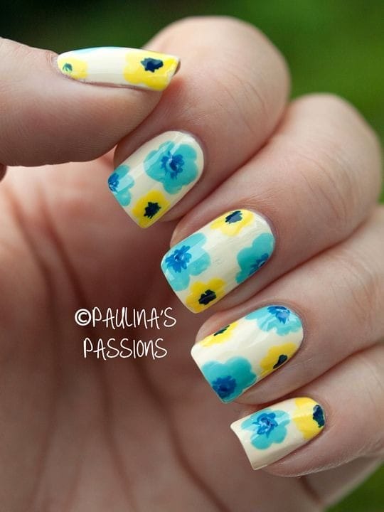 blue, Yellow, and White floral nails