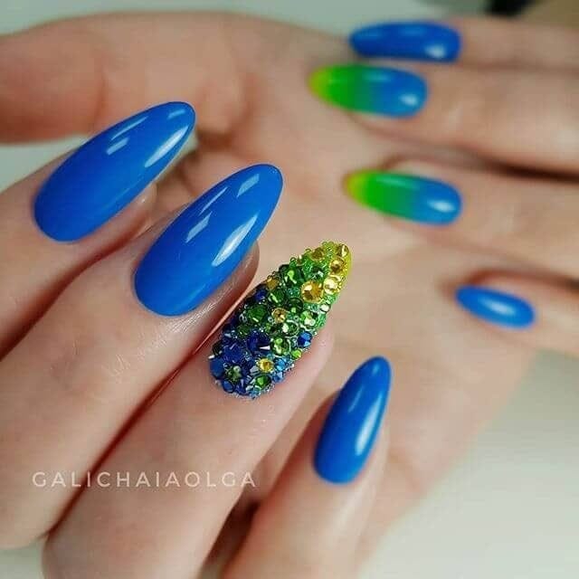Blue Nails with Beautiful Glitter Yellow Ombre nails