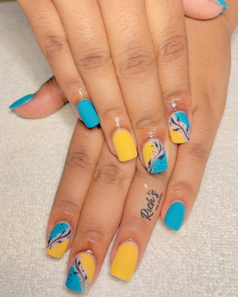 Blue Turquoise and Mustard Yellow Matt Nails with Black Leaves