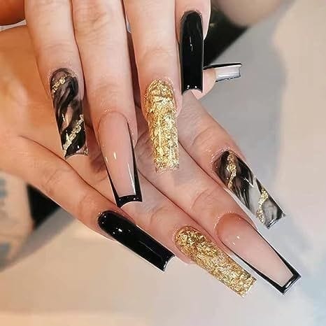 Black Marble with Gold Glitter Nails