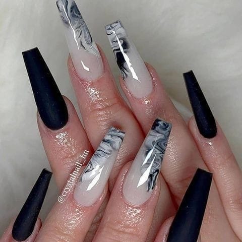 Black Marble nails with White Accent