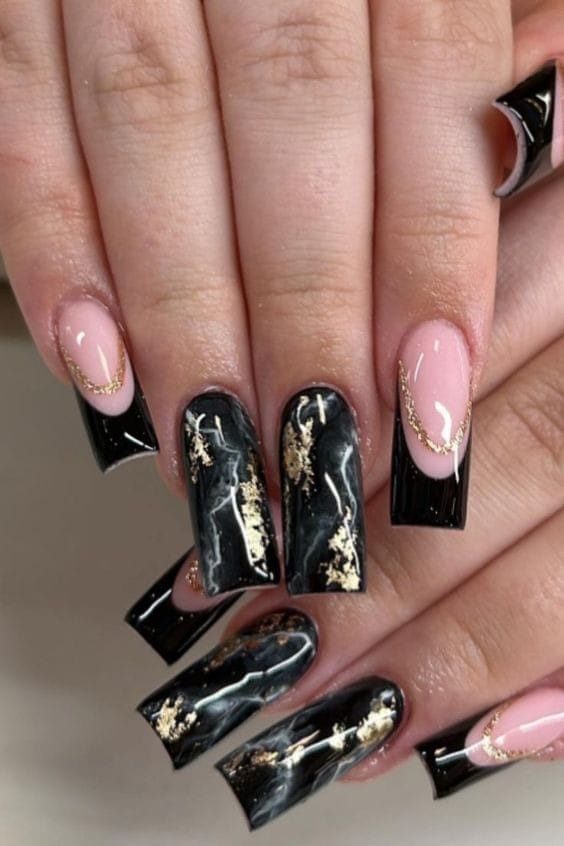 Long Black Marble Nails with Gold Flakes