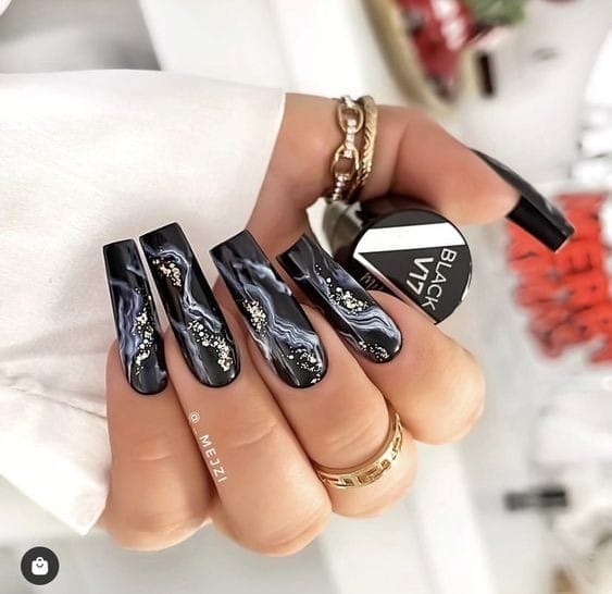 Elegant Black Marble nails