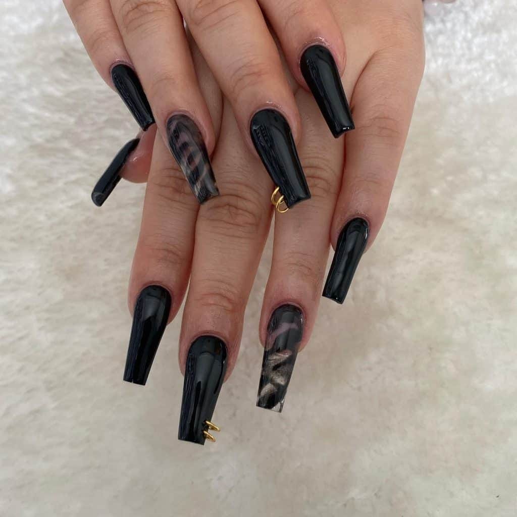 Black Marble Nails with Piercings