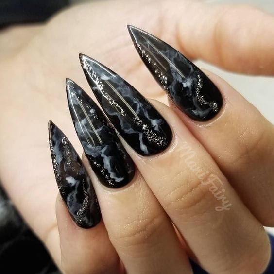 Almond Black Marble nails