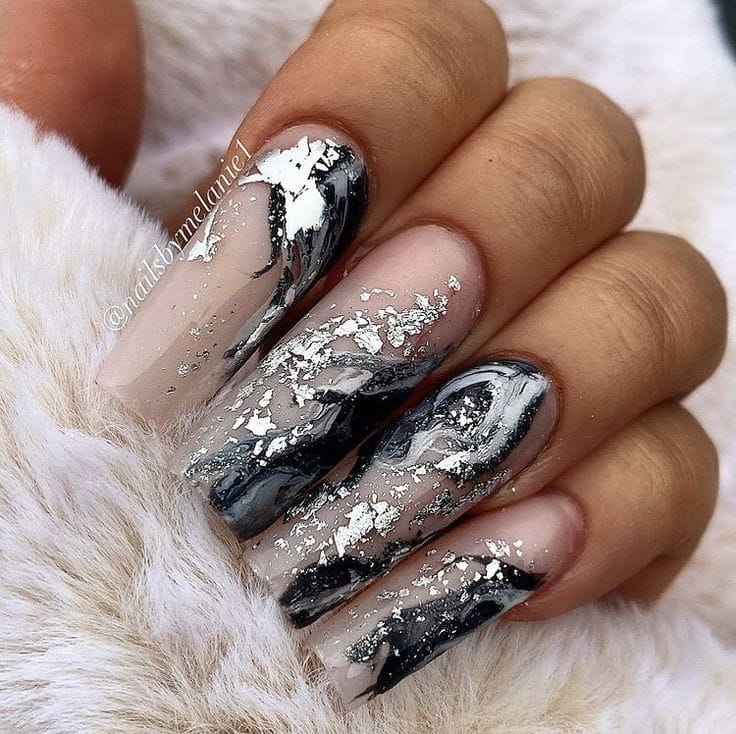 silver and black marble nails