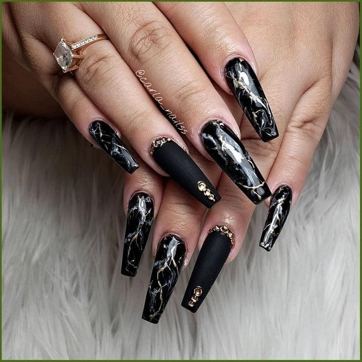 Black Marble nails with Rhinestones