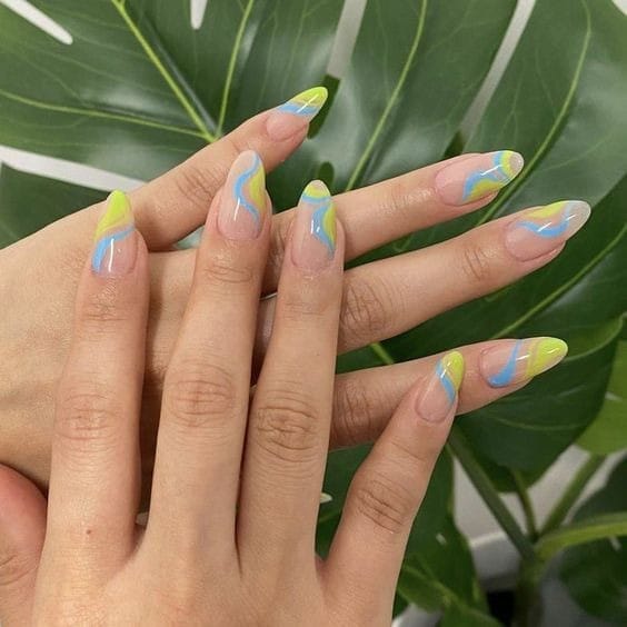 Gradient Yellow and Blue Swirls nails