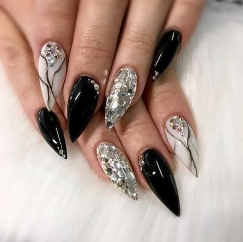 Black Marble Almonds nails with gems