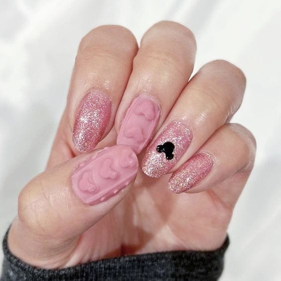 Pink Glittery Mickey’s nails