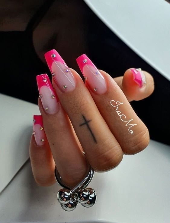Hot Pink French Tips nails With Diamonds