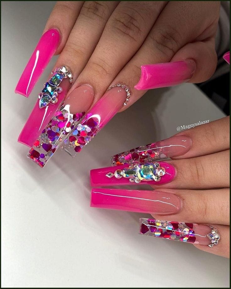 Hot Pink Nails With Diamonds And sparkle