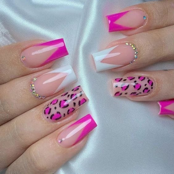 Hot Pink Diamonds French tips nails with animal Print 