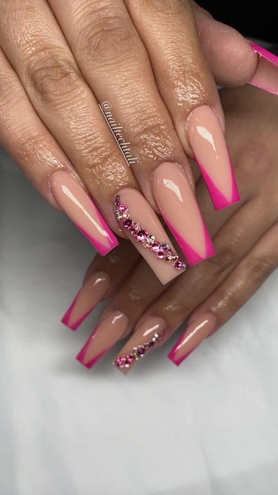 Hot Pink V French Tips With Accent Diamonds Nail