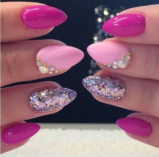 Light and Bright Pink short Nails with Diamonds & glitter