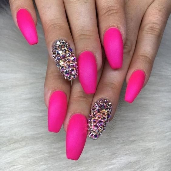 Matte hot Pink Nails With Diamonds