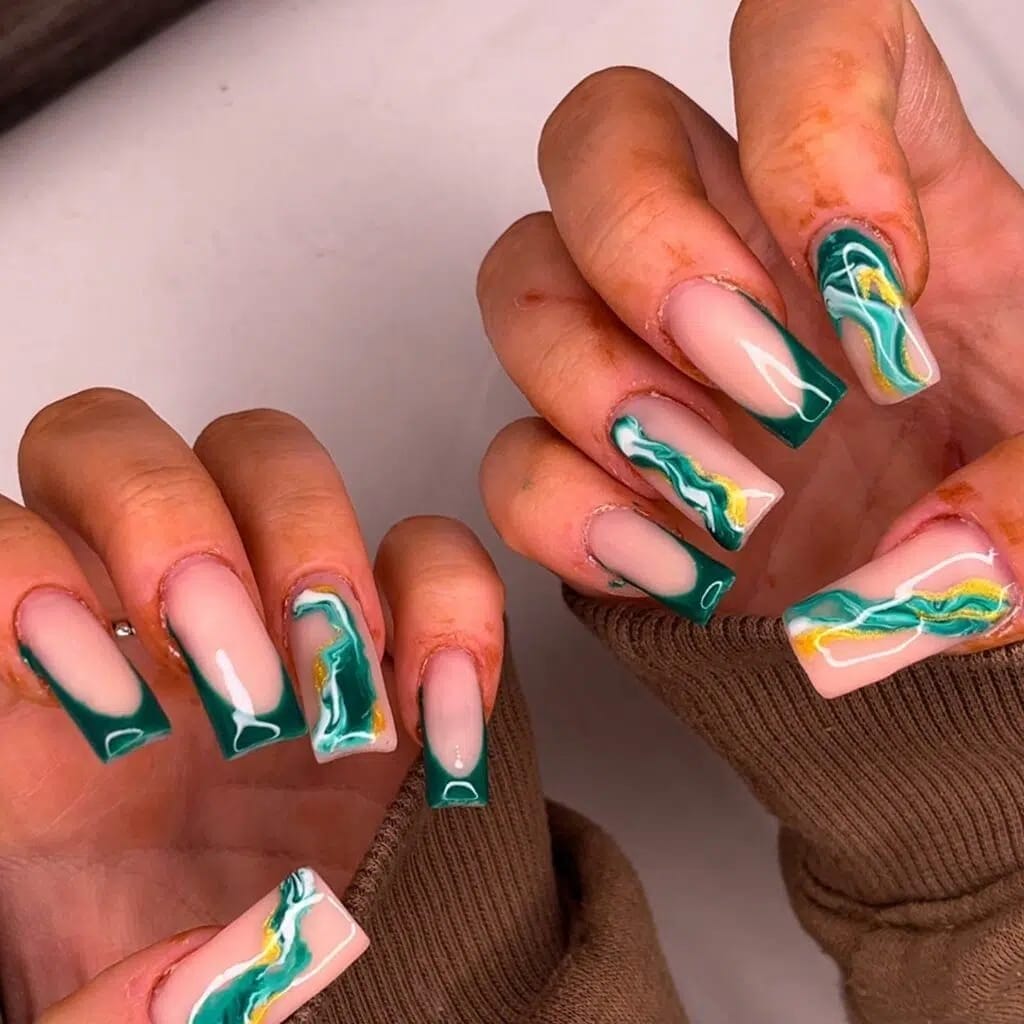 Emerald Green Marble Nails with French Tips