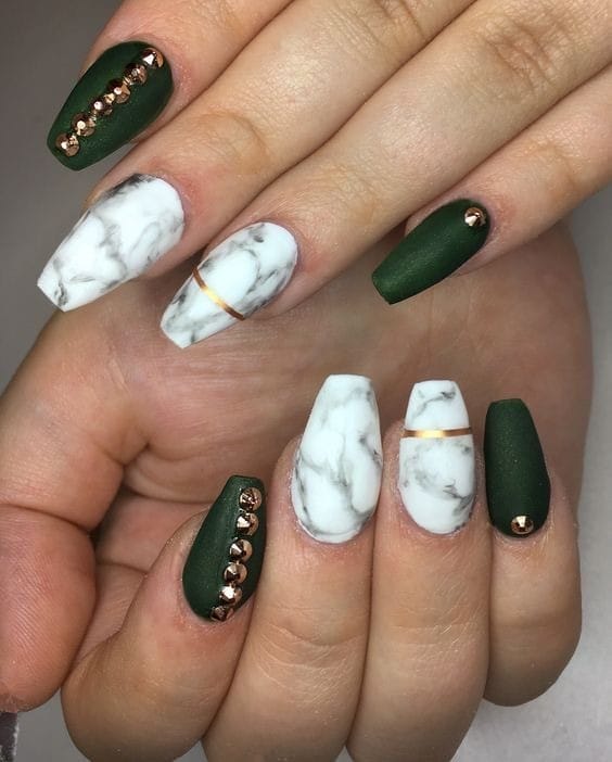 Emerald Green & white Marble Nails With Rhinestones